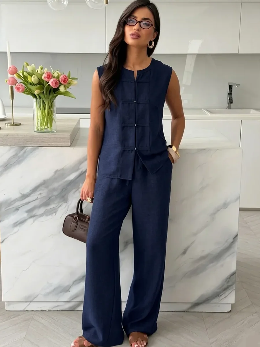 LIMO Women  Chinese Frog Button Sleeveless Vest Wide Leg Linen Suit Mandarin Collar Vintage Loose Casual Oriental Outfit Set