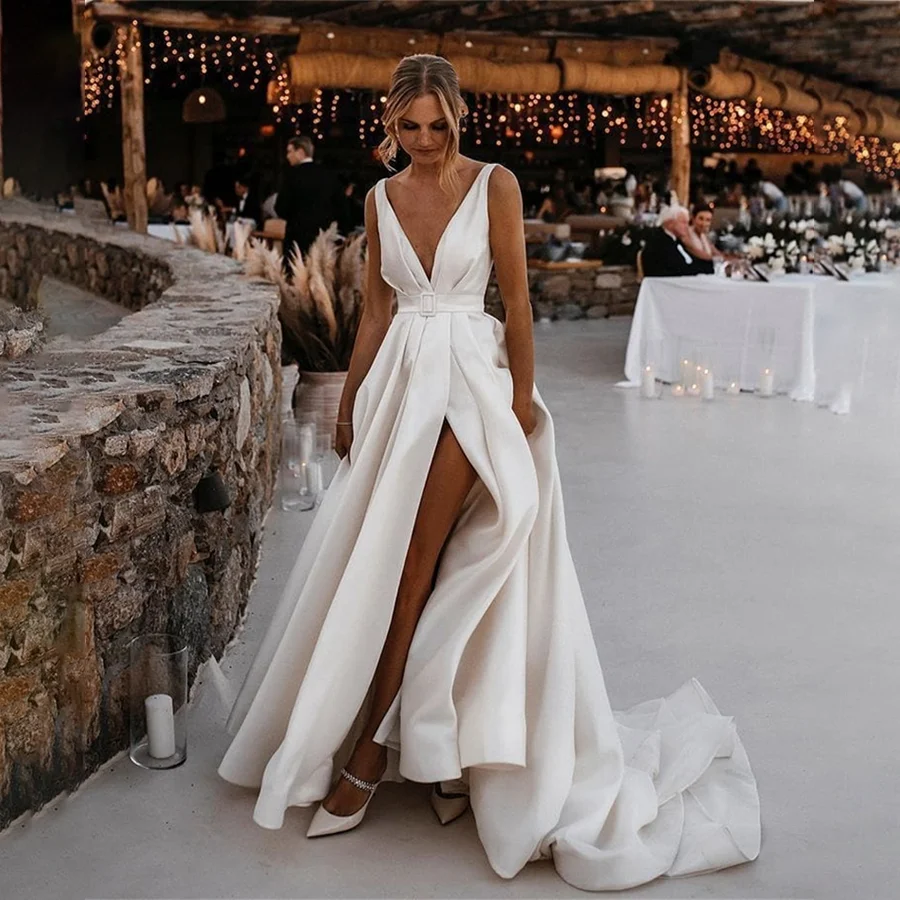 

Simple Deep V-Neck Sleeveless Belt Satin Wedding Dresses Backless And Zipper Bridal Dresses