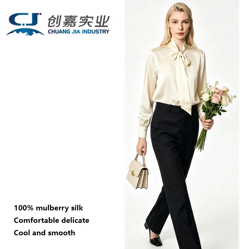 

Роскошная блузка из 100% шелка тутового шелкопряда с длинным рукавом, светло-голубая, с бантом, гладкая, нежная, легкая, яркая, высококачественная женская одежда