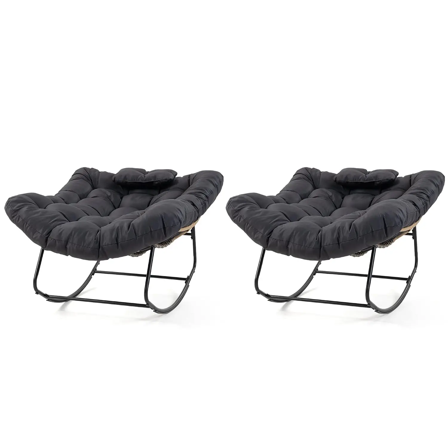 Set of 2 Upholstered Rocking Chair, Oversized Wicker Egg Rocker with Thick Cushion and Head Pillow, Modern High Back Armchair