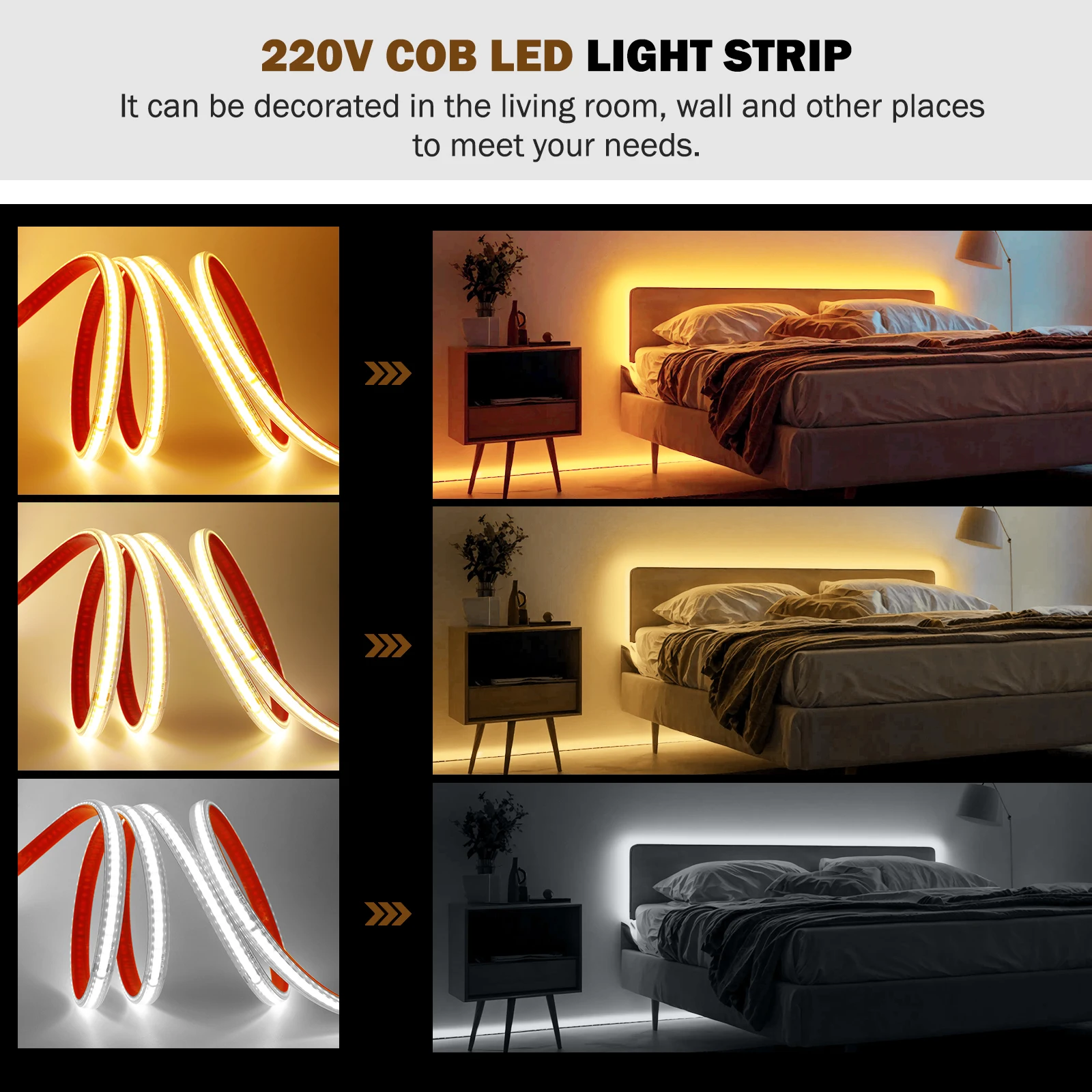 220 فولت COB LED قطاع 240 المصابيح/م دافئ/طبيعي/أبيض IP65 مقاوم للماء 10 سنتيمتر قطع شريط مرن الشريط لغرفة النوم المطبخ مصباح حديقة