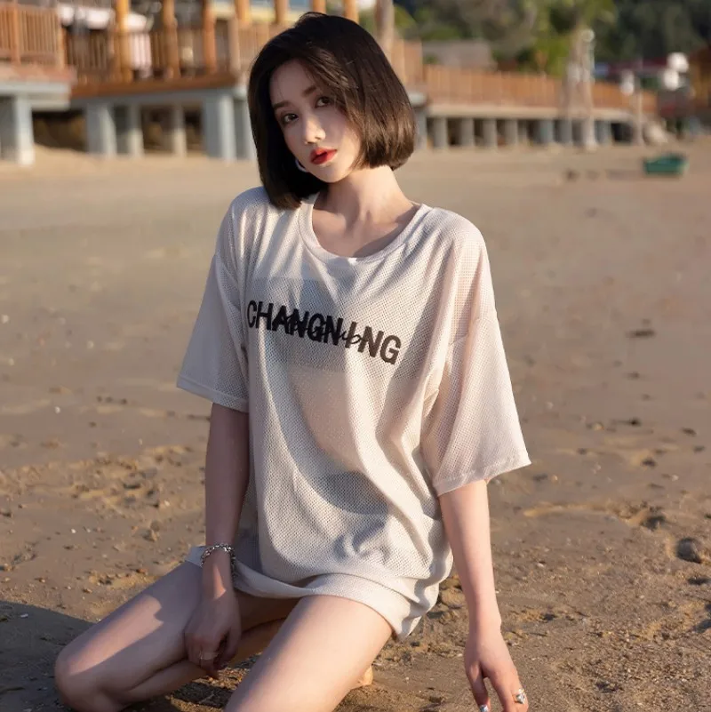 

Athletics Swimwear Ladies Women Swimsuit Korean Three Piece Suit Sports Patchwork Loose Body Covering Boxer Split 3 Pieces