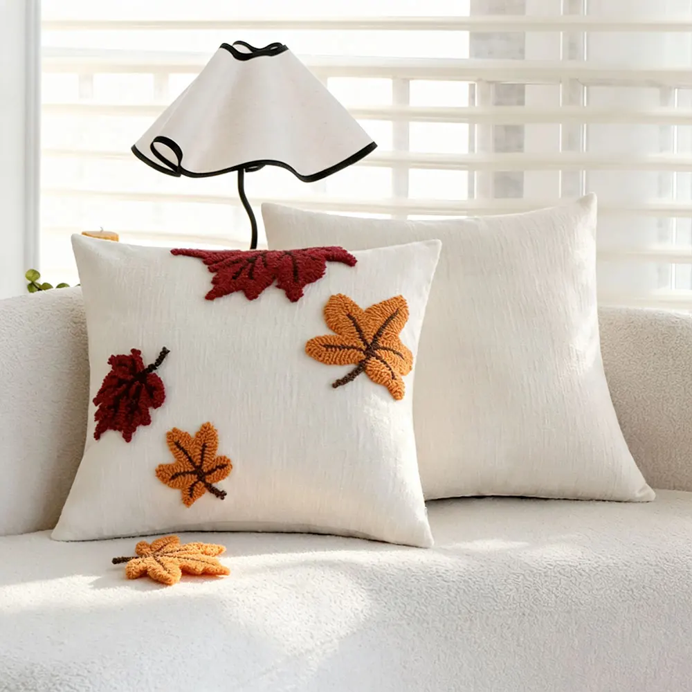 1pc Soft Chenille Throw Pillow Cover 3D Tufted Maple Leaf Design Boho Autumn Home Decor Cushion Case for Living Room Sofa Bed