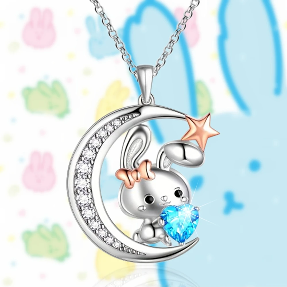 Creative Crescent Blue Crystal Rabbit Pendant Necklace for Women Cute Cartoon Animal Jewelry Fashion Party Birthday Love Gifts