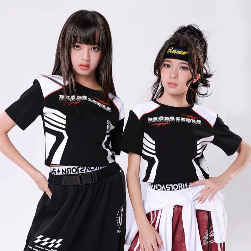 Mädchen Hip Hop Street Dance Kostüm Schwarz T-shirt Baggy Hosen Kleidung Sets Gruppe Leistung Jazz Show Bühne Dance Wear Outfits