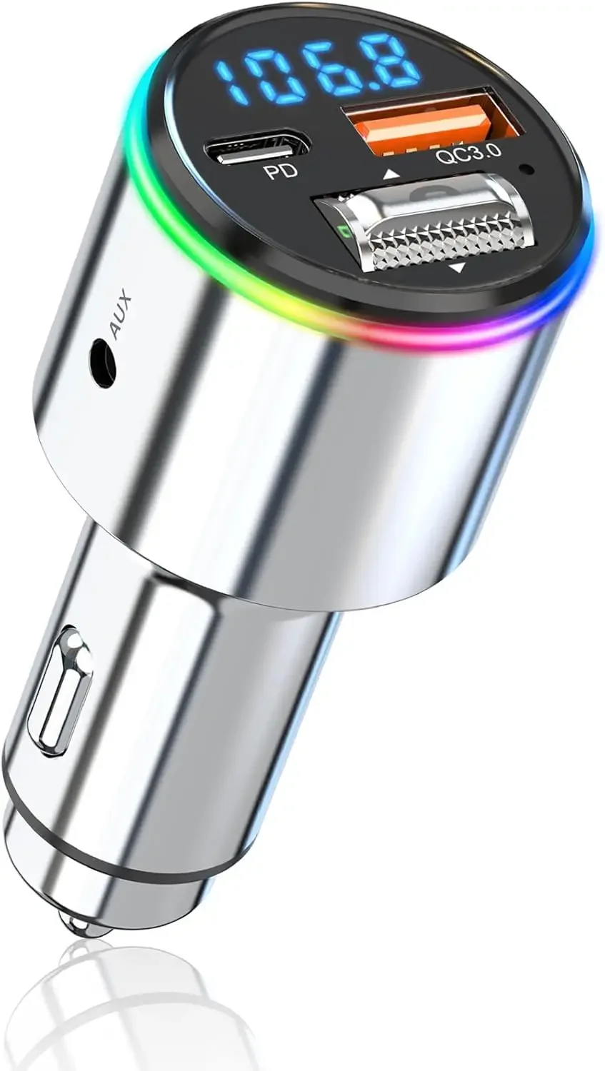 

Bluetooth 5.3 FM Transmitter for Car, Hands-Free 7 Colors LED Backlit MP3 Music Player Support AUX Input/Output RGB Light