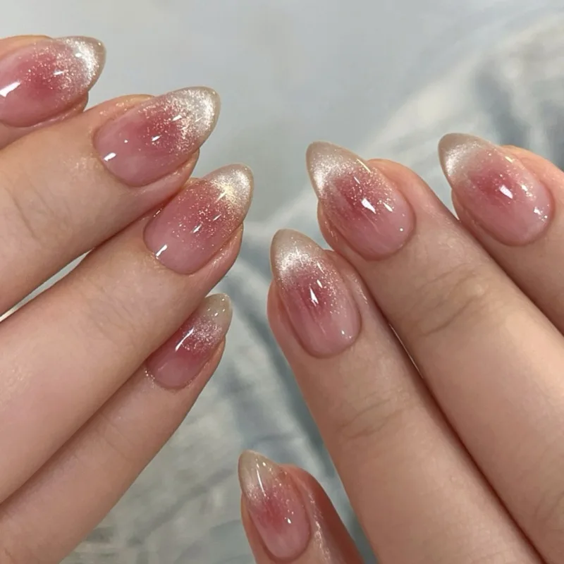 24 piezas de uñas de presión cortas ovaladas rosa empolvado con diseños simples, uñas de almendra reutilizables con pegamento 4