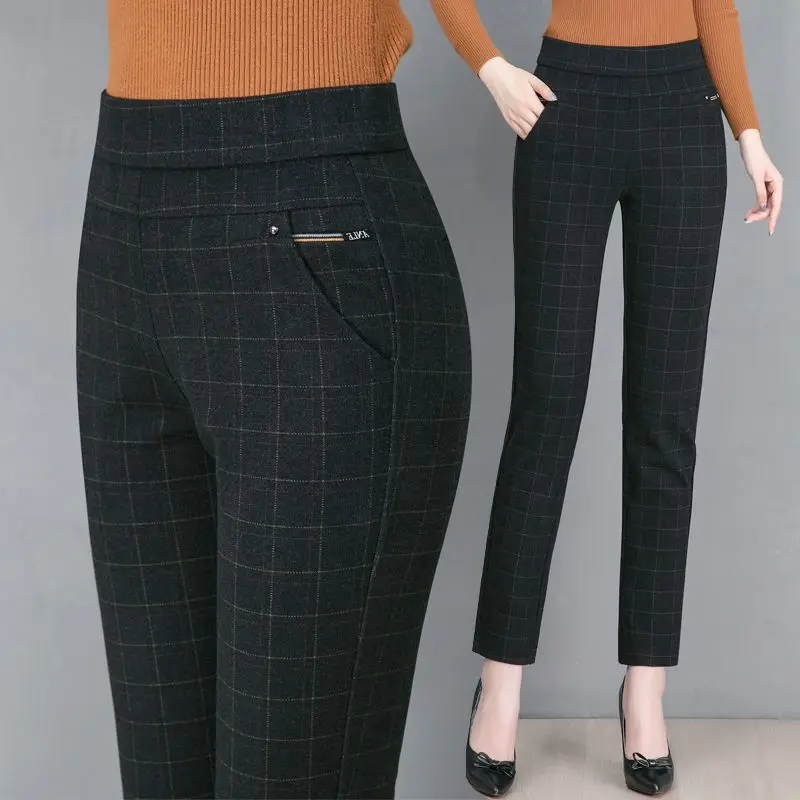 Women's Elastic Waist Stripe Plaid Thickened 2023 Autumn and Winter High Waist Button Pocket Rivet Straight Loose Relaxed Pants