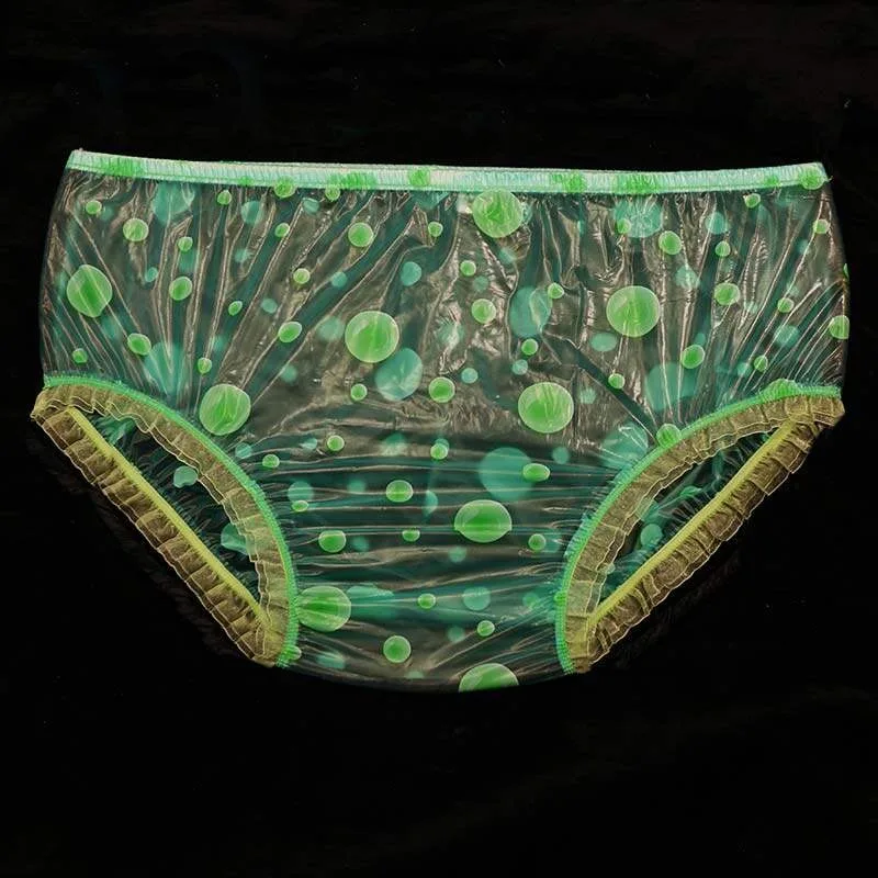 Nuovo Slip a Triangolo in PVC Trasparente Impermeabile Viola con Texture a Bolle e Bordo in Pizzo, Vita Media, Anti-perdita, Lingerie in Plastica da Donna