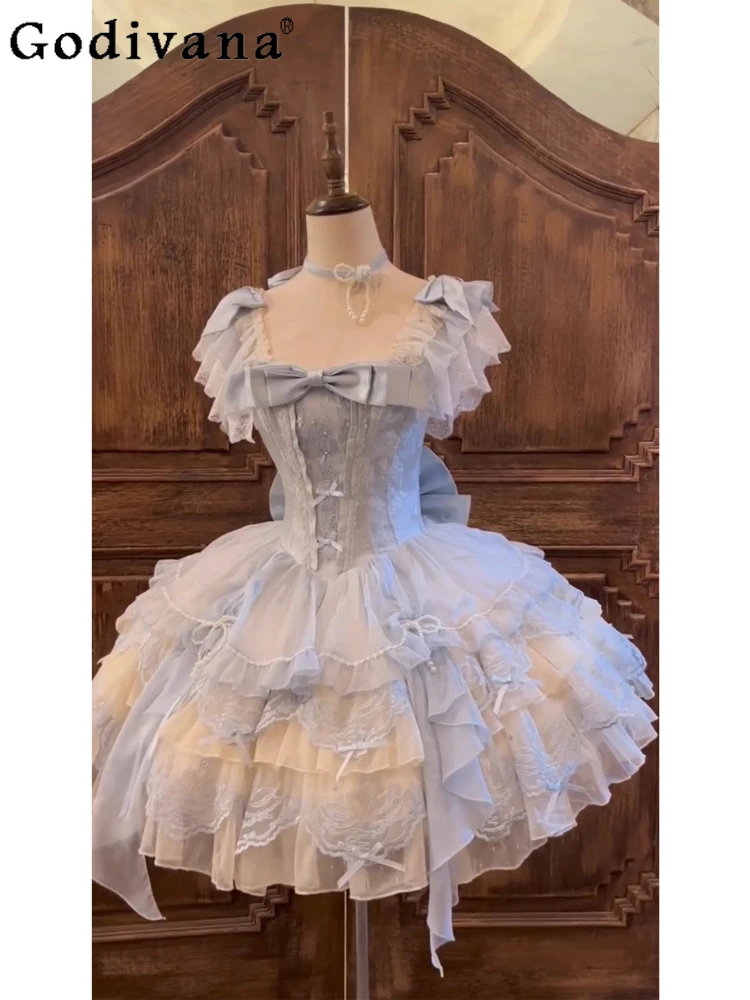 Blue Ballet Exquisite Embroidery Lolita Bow Princess Dress Girl Sweet Ruffles Elegant Square Neck High Waist A-line Cake Dresses