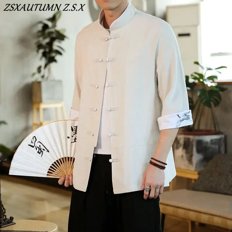 Summer Crane Embroidery Top Traditional Chinese Clothing for Men Vintage Half Sleeve Linen Shirts Madarin Collar Hanfu Kungfu