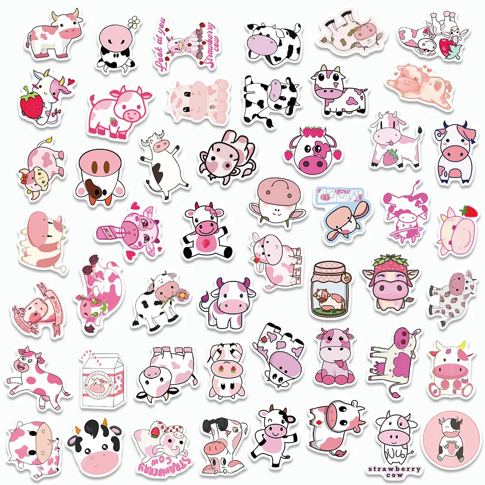 Cute Cartoon Stickers para crianças, vaca rosa, decalques de animais, laptop, skate, bagagem, telefone, DIY Graffiti, presente, 50pcs