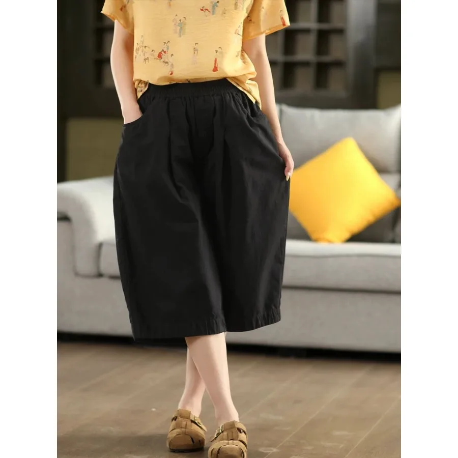 Pantalon rétro en coton et lin pour femmes, jambes droites, ample, taille élastique, amincissant, décontracté, couleur Pure, longueur de sept pieds