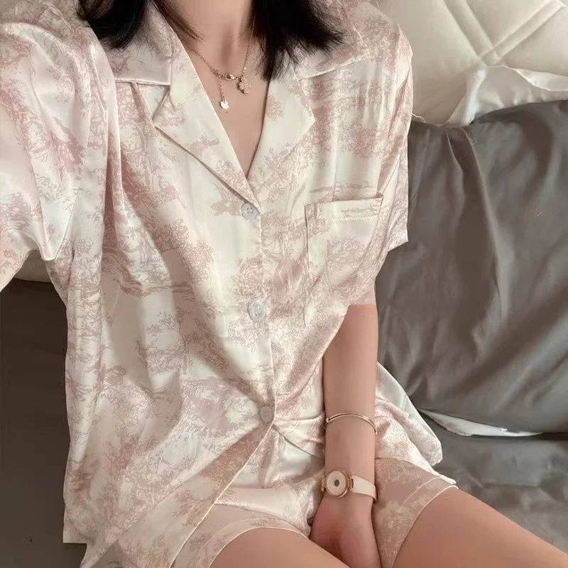 

Women's 2pcs Cute Print Short Sleeve Button Top and Shorts Pink Sleepwear Soft Comfy Homewear Casual Loungewear Pajama Set