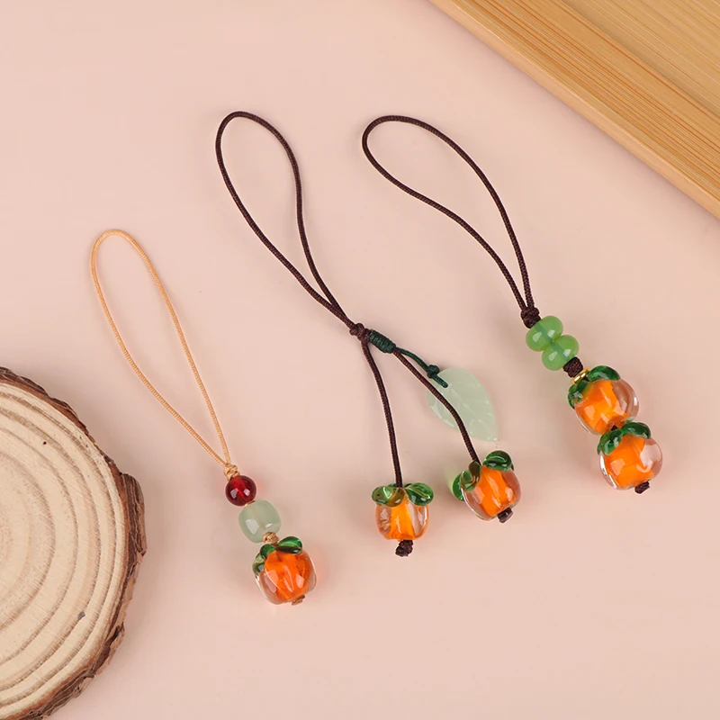 Smoothly Glass Persimmon Mobile Phone Chain Hanging Rope Retro Chinese Style Leaves Key Hanging Pendant Jewelry