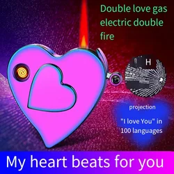 Love Heart Shape Lighter Gift Box Set Gas Electric Dual-Use Micro-Engraved Projection Lighter Rechargeable Metal Cigar Lighter