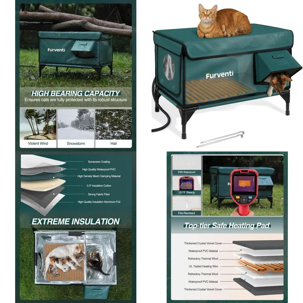 

Изолированное уличное укрытие для кошек на зиму, водонепроницаемое и приподнятое, с эвакуационной дверью для бродячих кошек (темно-зеленый, большой)