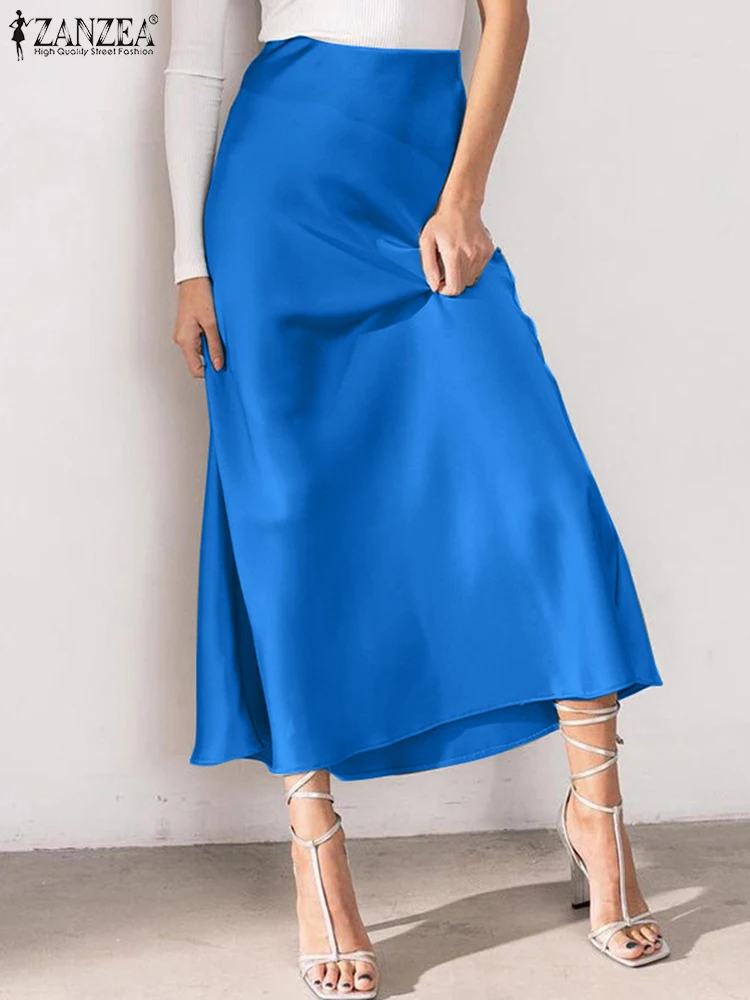 ZANZEA Fashion Women Long Skirts A-Line High Waist Satin Skirt Elegant Party Jupe Sundress Solid Faldas Saia Zipper Vestido 2024