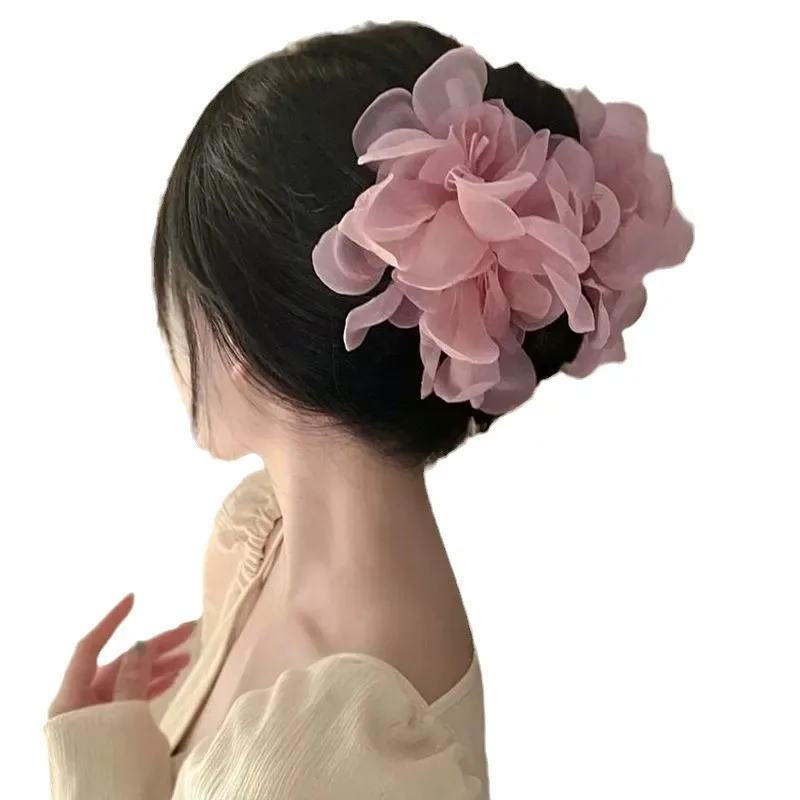 AISHG Sweet Mesh Flower Pearl Hair Clip for Women Gentle Elegant Pan Hair Shark Clip Temperament Girl Hair Accessories