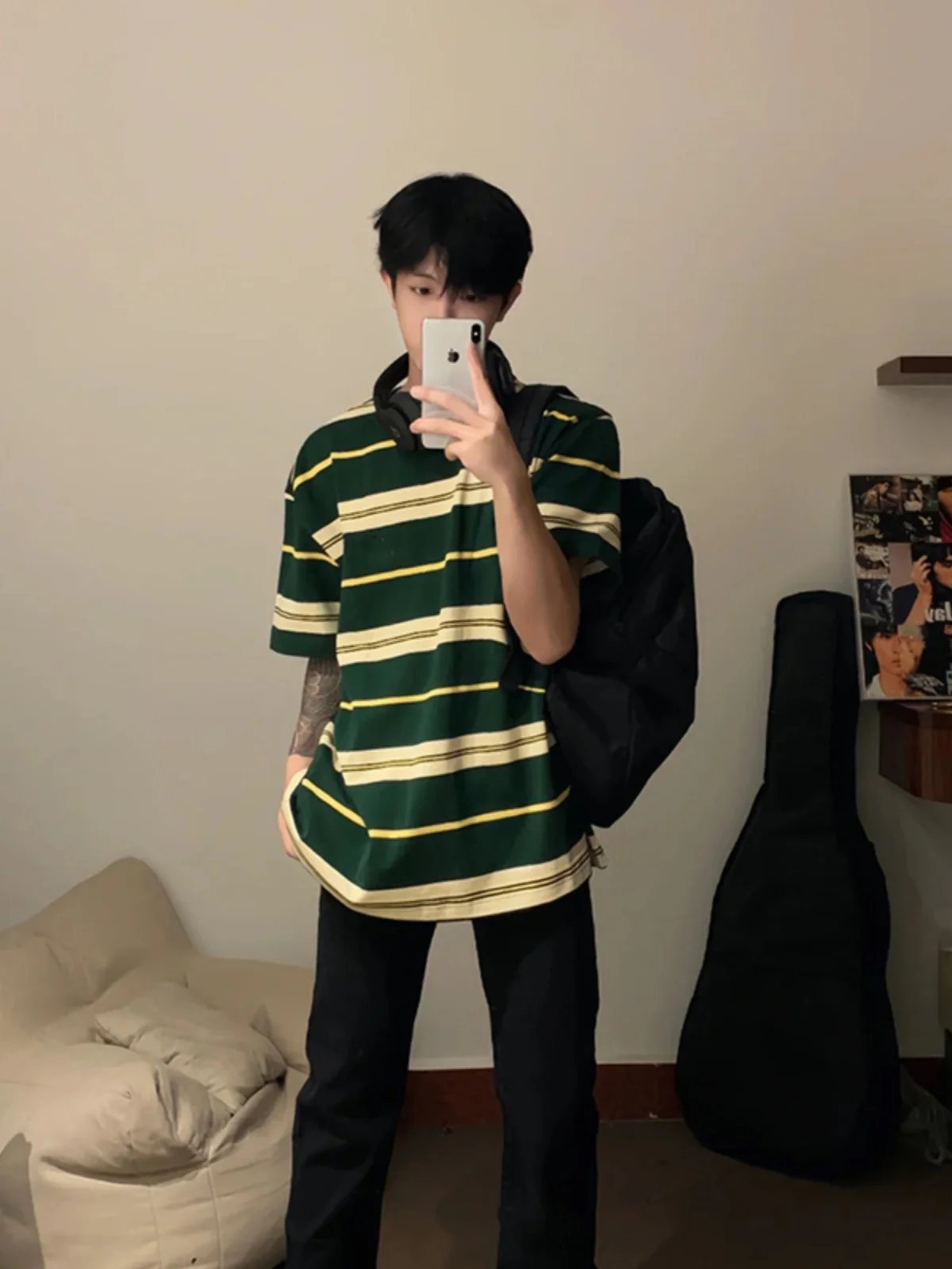 Green Striped Men's Short Sleeve T-Shirt Shoulder Pads American High Street Design Summer 2024 New Style Loose Fit Cotton