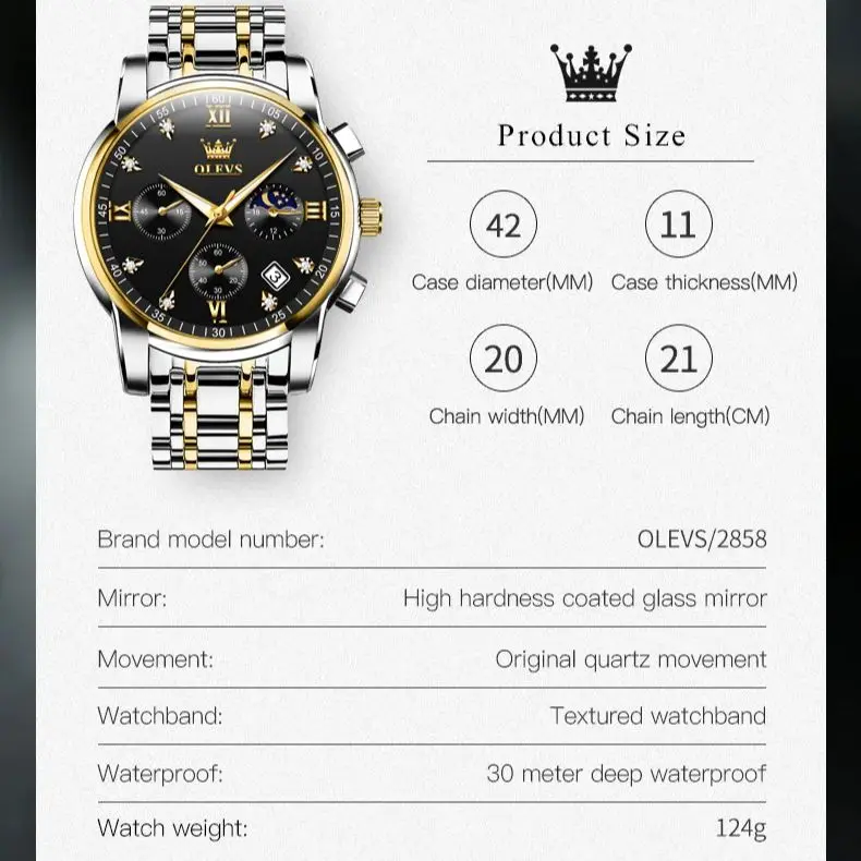 OLEVS 2858 Men Watch Business Trend Multi functional Waterproof Moon Phase Chronograph Luxury Brand Original Men Quartz Watch