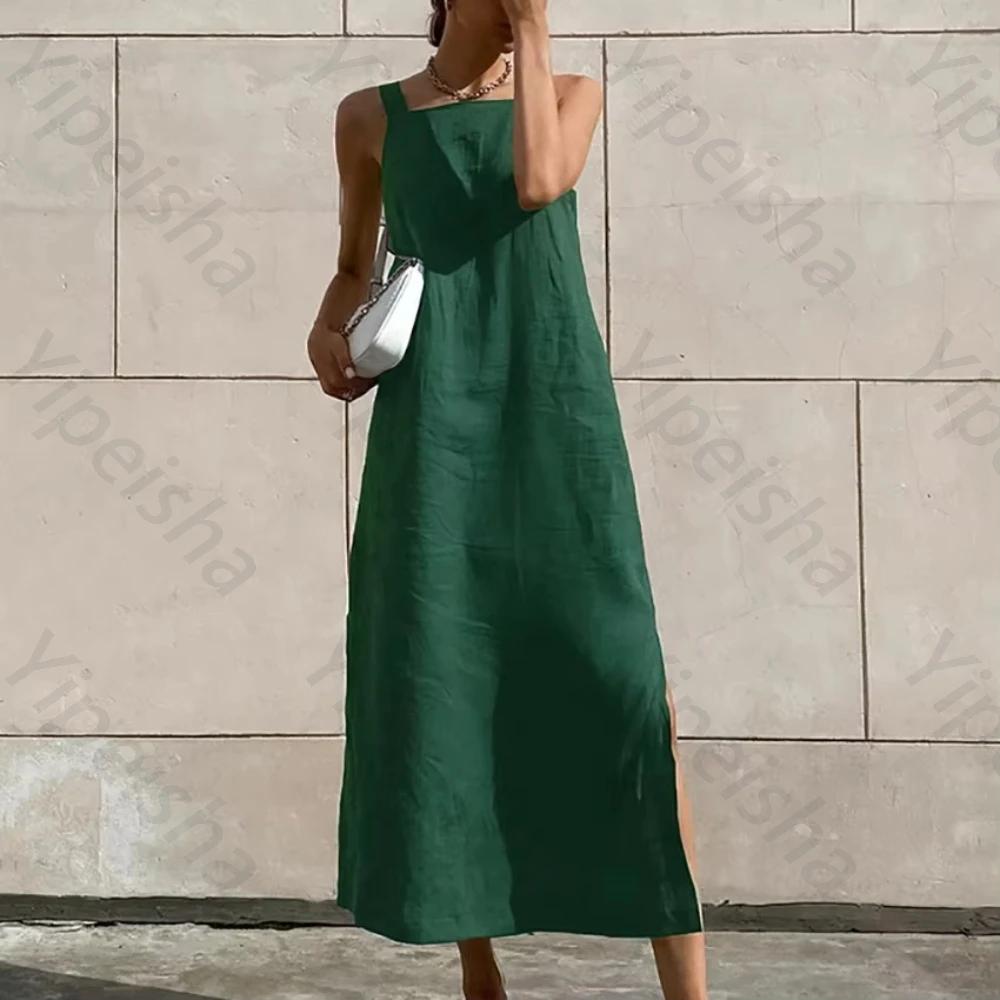 

Customized French Style Solid Cotton Linen Vest Dresses Vacation Casual Split Sling Midi Dress Sexy High Quality Prom Party Gown