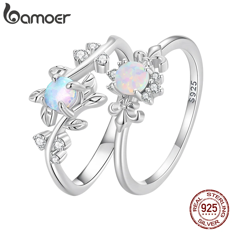 BAMOER 925 Sterling Silver Leaf Ring White Opal Rings Elegant Vine Ring for Women Birthday Gift with Jewelry Box