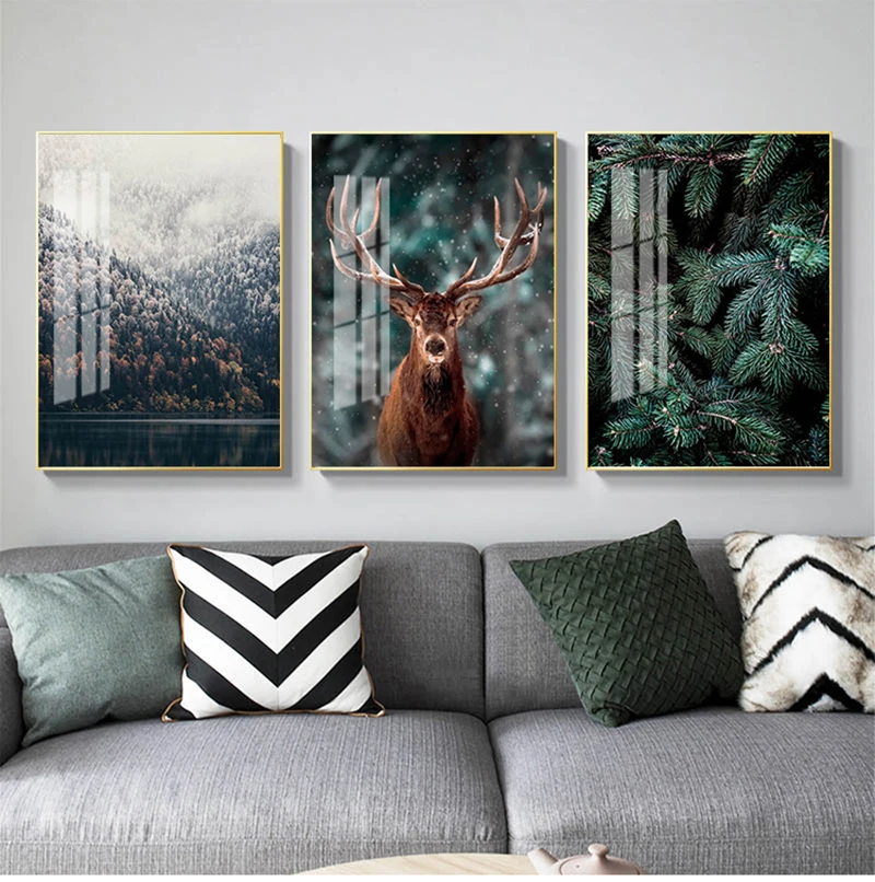 Nordic Fog Forest Deer Animal Canvas Wall Art Print Painting Mountain Lake Landscape Poster Nature Decorative Picture Home