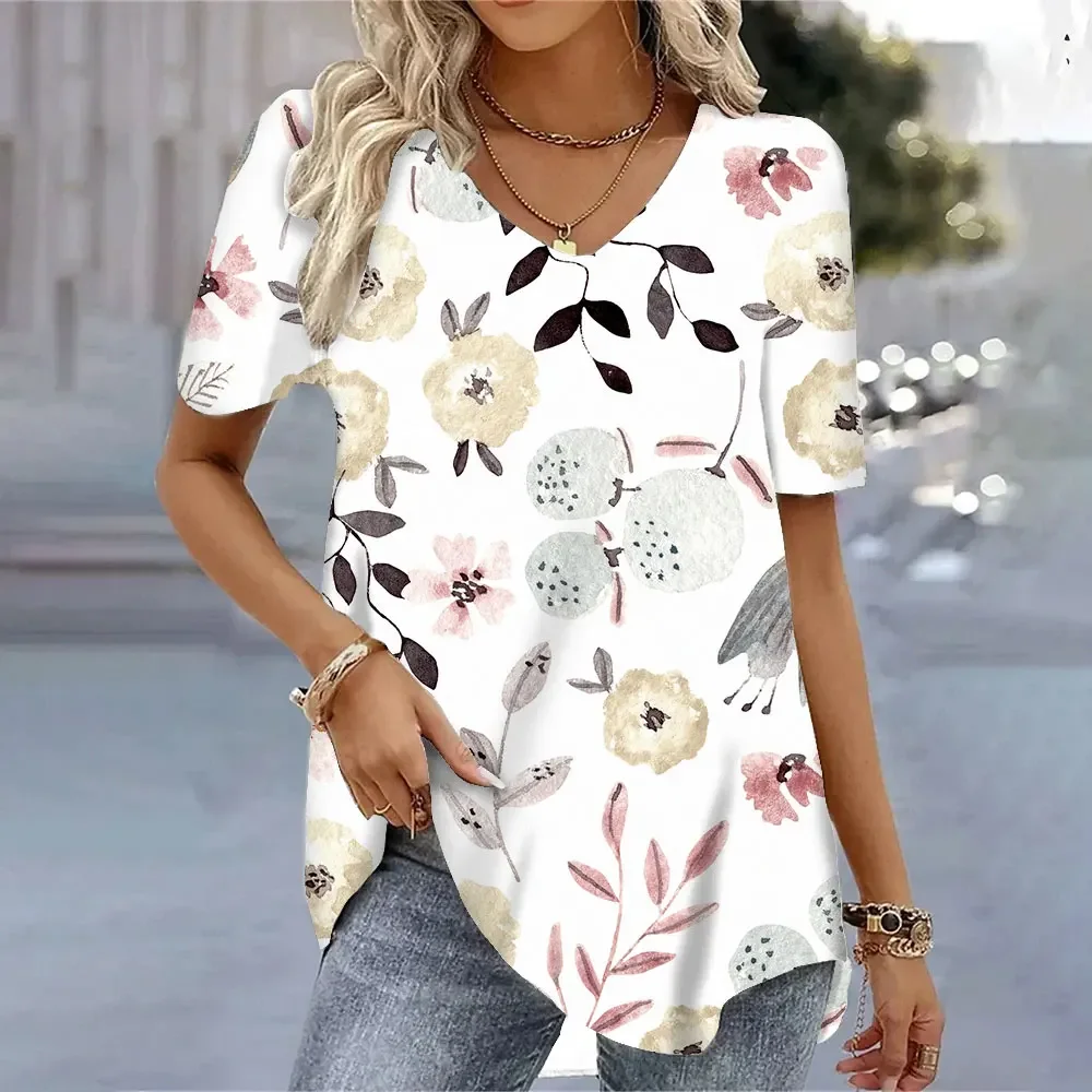 Streetwear White Shirt V Neck Harajuku Women T Shirt 3D Floral Graphic Print Women's Plus Size Tops Summer Breathable T Shirt