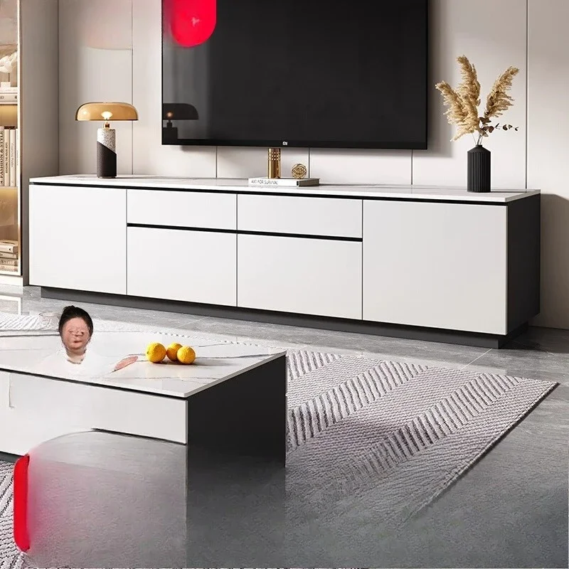 Light luxury rock panel TV cabinet, living room home floor-to-ceiling high solid wood TV captain cabinet, coffee table comb