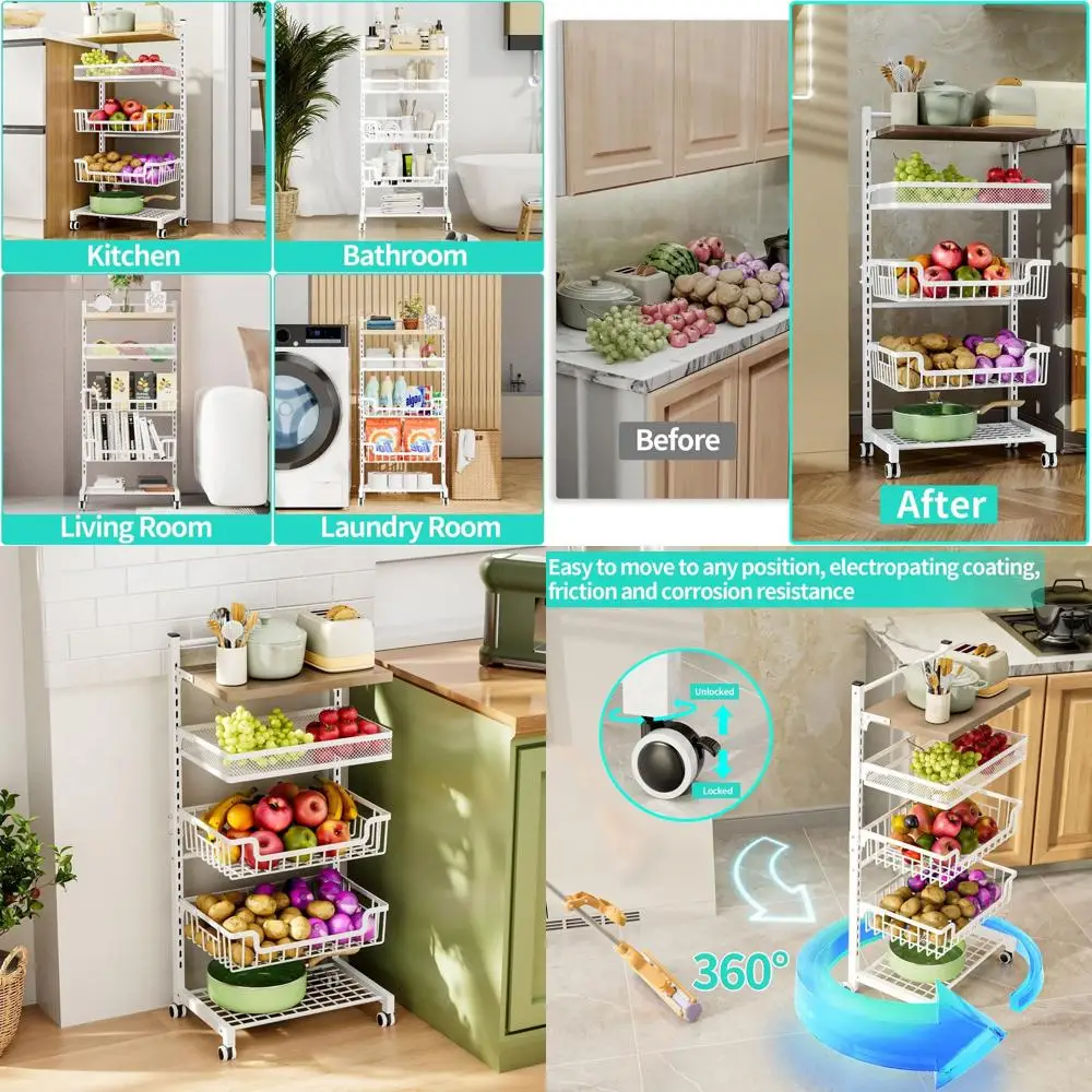 

5-Shelf Adjustable Rolling Kitchen Storage Cart for Vegetables, Fruits, and Snacks