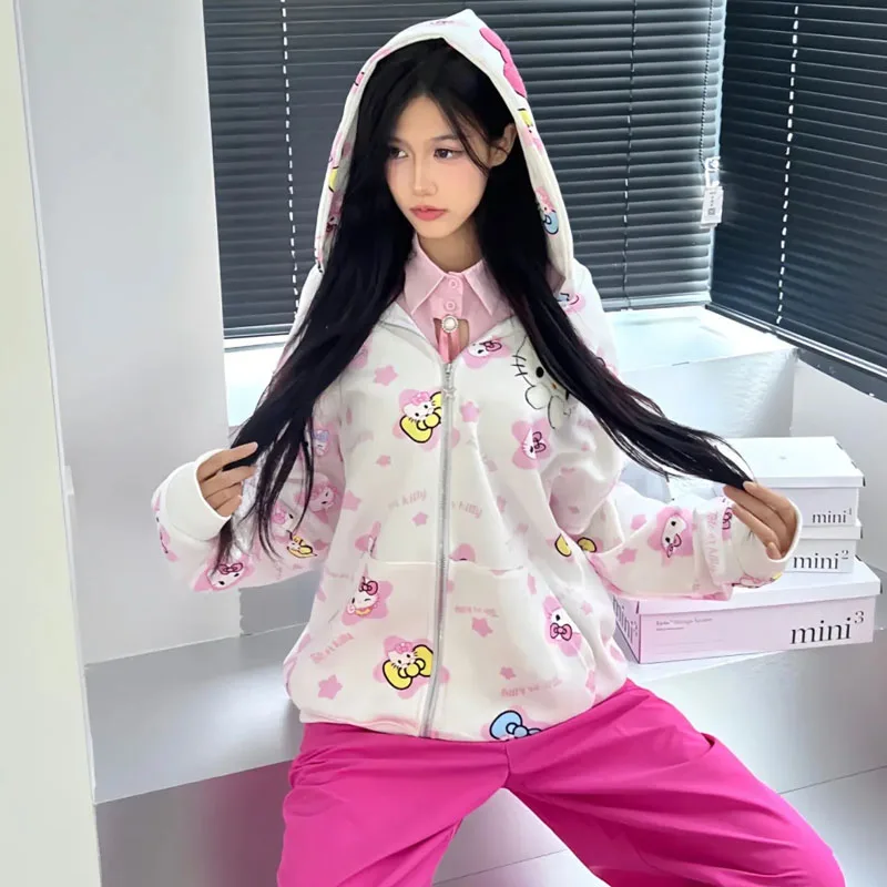 Cartoon Cute Hellokittys Anime Sweet Sherpa Hooded Sweatshirt Zipper Jacket Cartoon Cute Loose Warm Couple Fleece Sweater