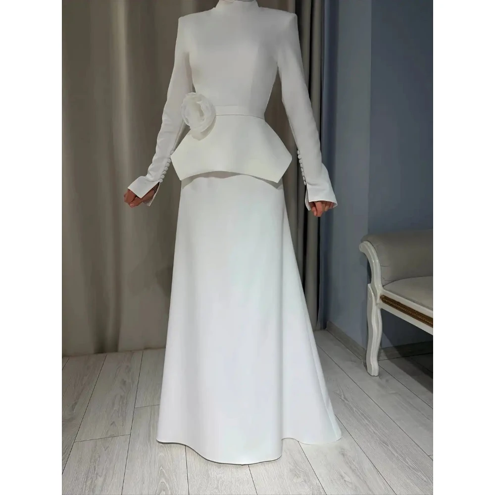 Vestido de noche musulmán elegante de manga larga, cuello alto, plisado, flores, largo hasta el suelo, vestido de graduación, vestidos de fiesta formales personalizados