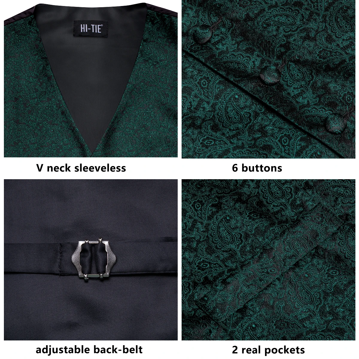 Hi-Tie Dark Green Men\'s Vests Tie Set Silk Paisley Jacquard Waistcoat Jacket Necktie Hanky Cufflinks Wedding Formal Party Gifts