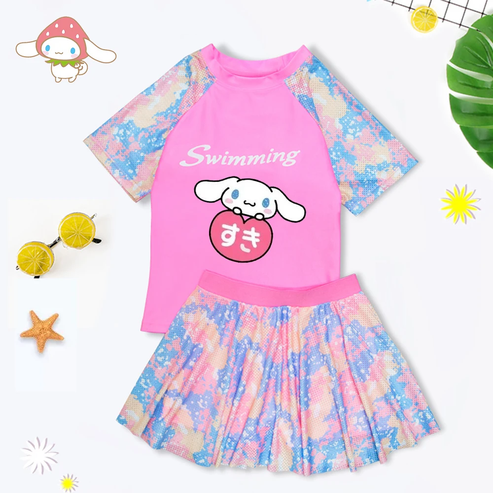 Anime Girl Swimsuit Cinnamoroll Sanrios Kawaii Beach Short Sleeve Shorts Professional Training Quick-Drying Sunscreen Swimwear