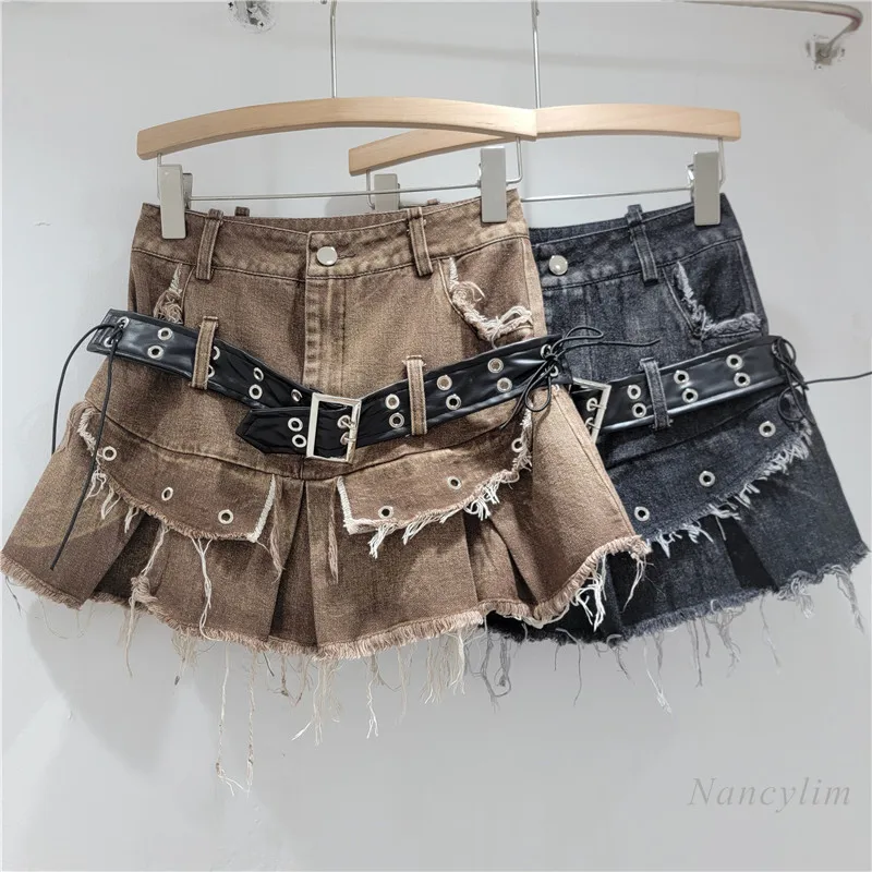 

Coffee Color Denim Skirt Retro Old and Thin Rough Edge Spice Girl Design Washed High-end Jean Skirts for Women Ladies