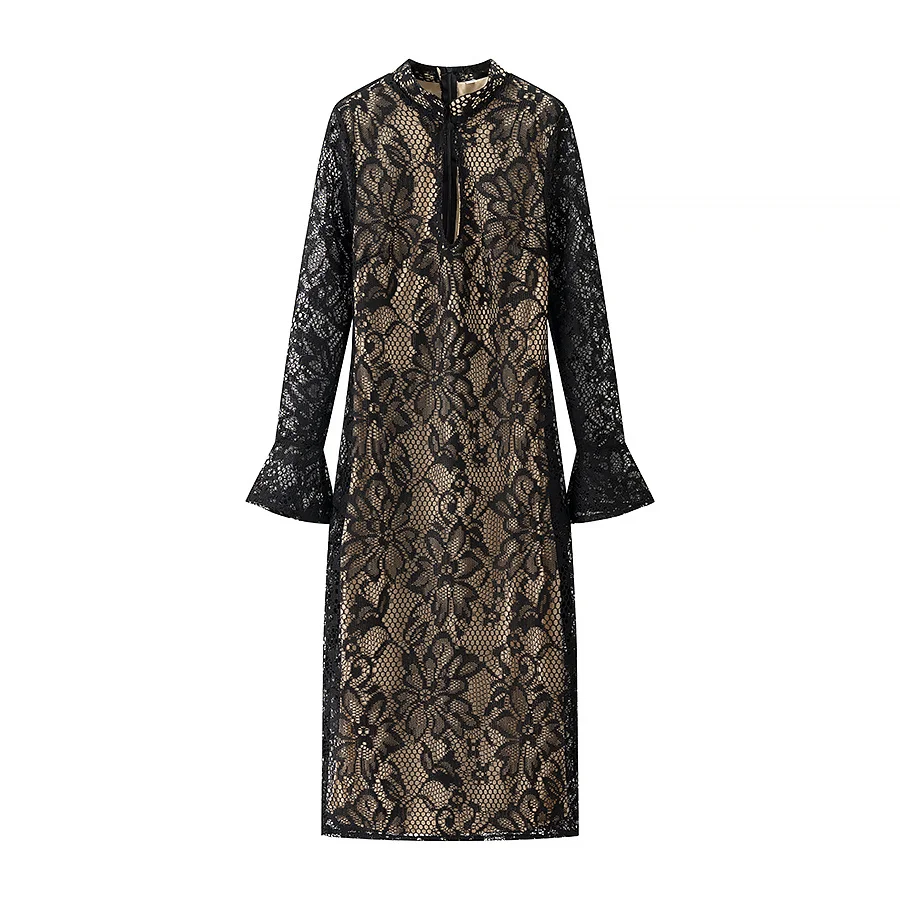 JNLEAOG レディース レース ホローアウト ローカット ベルスリーブ ボディコン ドレス 秋の新作 ファッションデザイン ヨーロッパ風