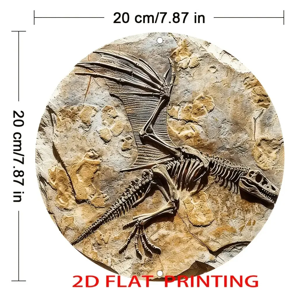 2D Flat - 2D UV Printed Round Wall Art - 2D Dinosaur Skeleton Design, 19.99X19.99 Cm, Vintage Decorative Sign Suitable for Home,