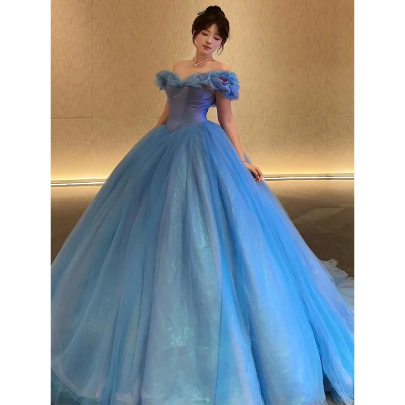 

Blue Special Occasion Dress Women Organza Ruffles Off-Shoulder Wedding Party Evening Dress Elegant Customized Celebrity Dresses