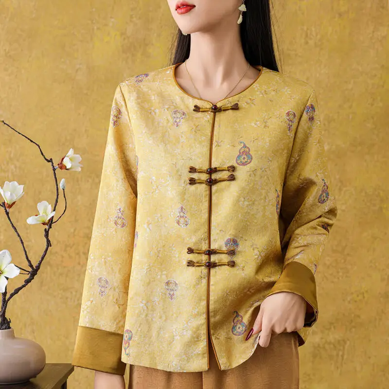 High Quality Jacquard Satin Tang Clothes Tops Vintage Button Elegant Hanfu Jacket Luxury Round Neck Exquisite Cheongsam Coat