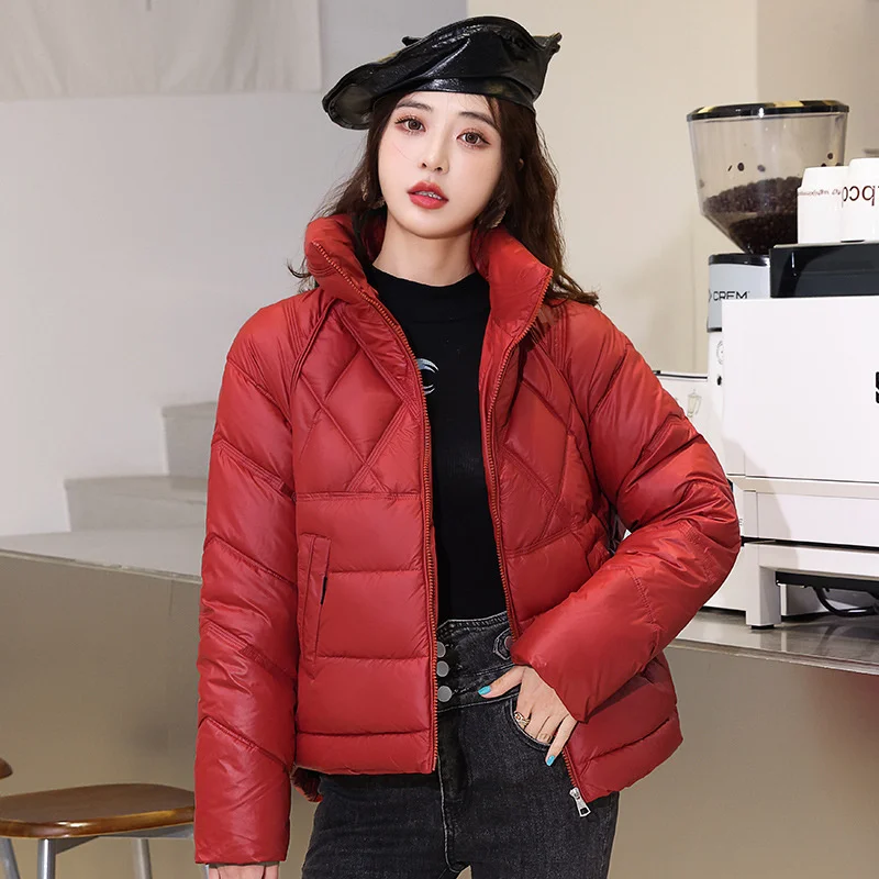 

Casual Female Stand Collar Women's Winter Puffer Jacket Ladies Slim Parkas Solid Glossy Thick Padded Coat