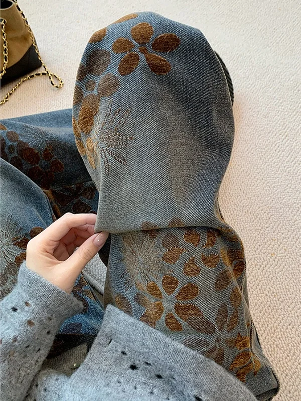 

Женские джинсы-«мешки» с принтом в стиле ретро, осенне-зимние, с высокой талией, свободные, широкие штанины, с цветочным узором, повседневные