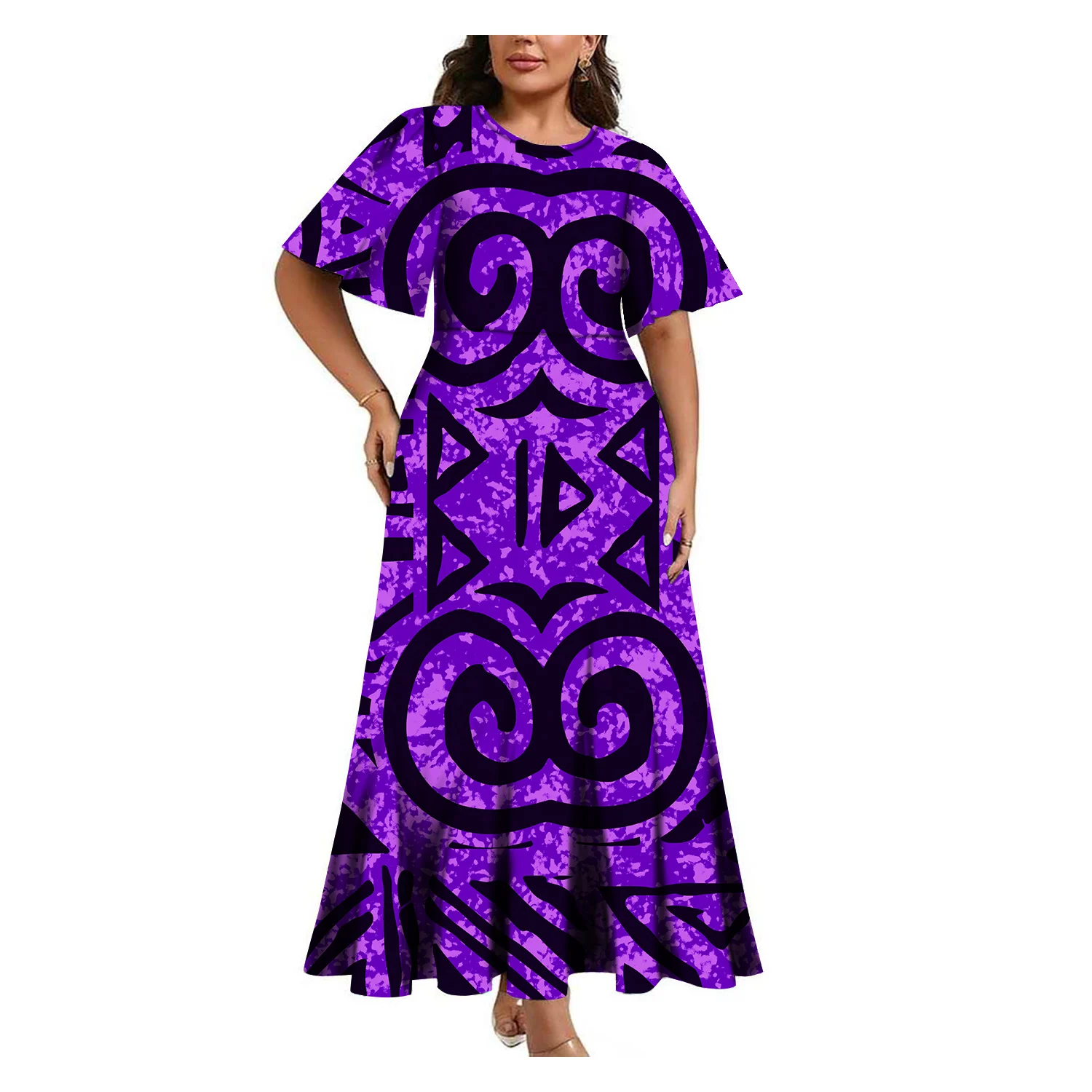 

Samoan Women Custom-Made Waterdrop Collar Mid-Sleeved Long Dress Casual And Comfortable Waist-Cinching Polynesian Dress