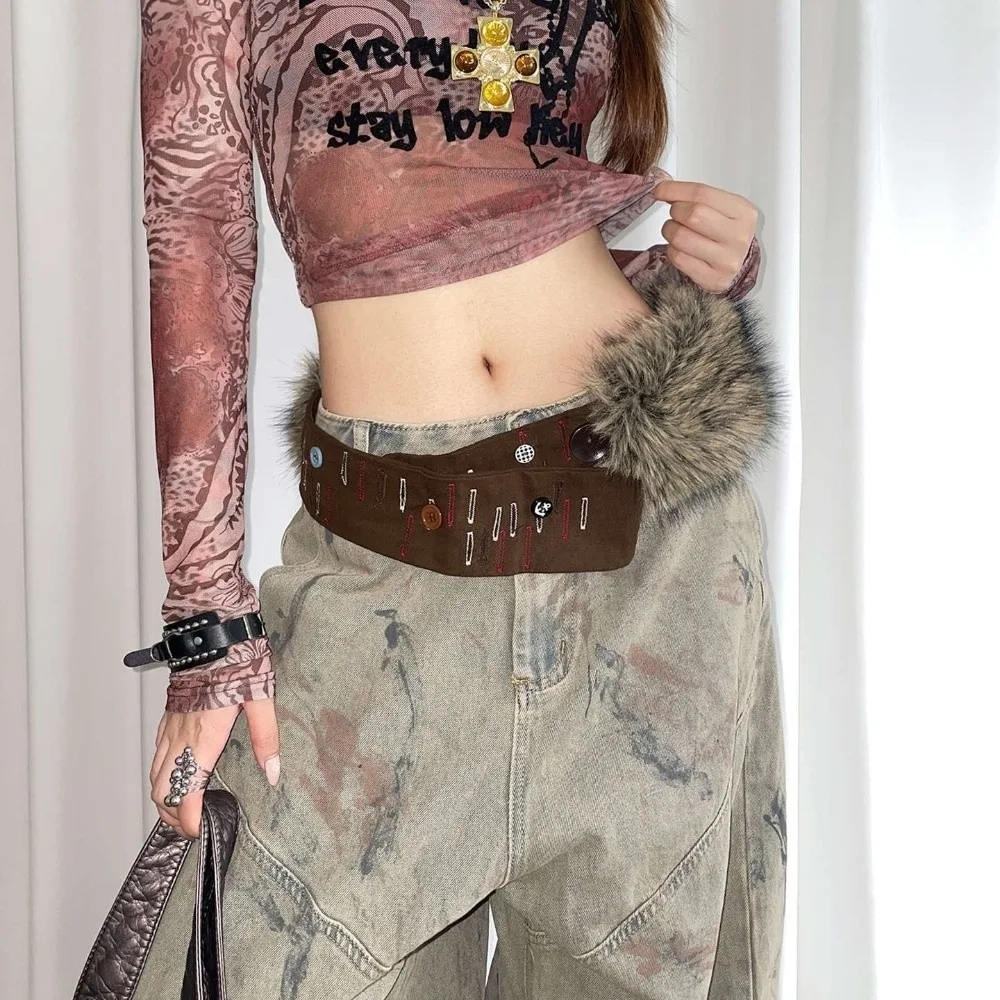 New Fashion High Quality Hip Hop Retro Leather Belt Hand-Sewn Hook Closure Fur Belt Y2K Wide Belt Women Fashion Waistband Decor