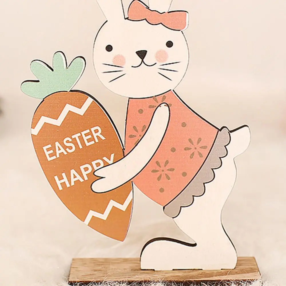 Funny Wood Crafts Easter Rabbit Ornaments DIY Cartoon Carrot-holding Rabbit Figurine Cute Painted Rabbit Ornaments Spring Decor