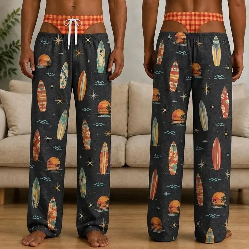 Men's Hawaiian Surfboard Sunset Palm Tree Printed Hip Flip Elastic Drawstring Fun Novelty Casual Loose Pants