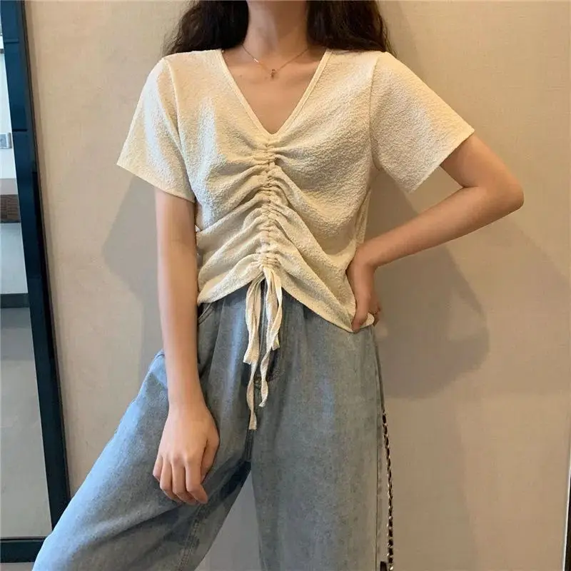 

Summer Casual Short Sleeve Tops Ladies Simplicity Solid Pullovers Women Clothing 2024 New Short Sleeve V-neck Shirring T-Shirts