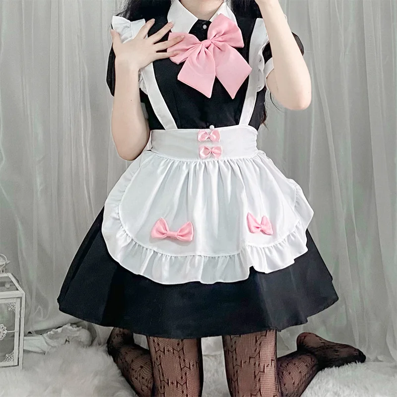 Uniforme Lolita Kawaii avec nœud rose, costume de cosplay, robe de femme de chambre noire, anime japonais, ensemble de filles mignonnes, tenue de lapin de performance d'injecteur