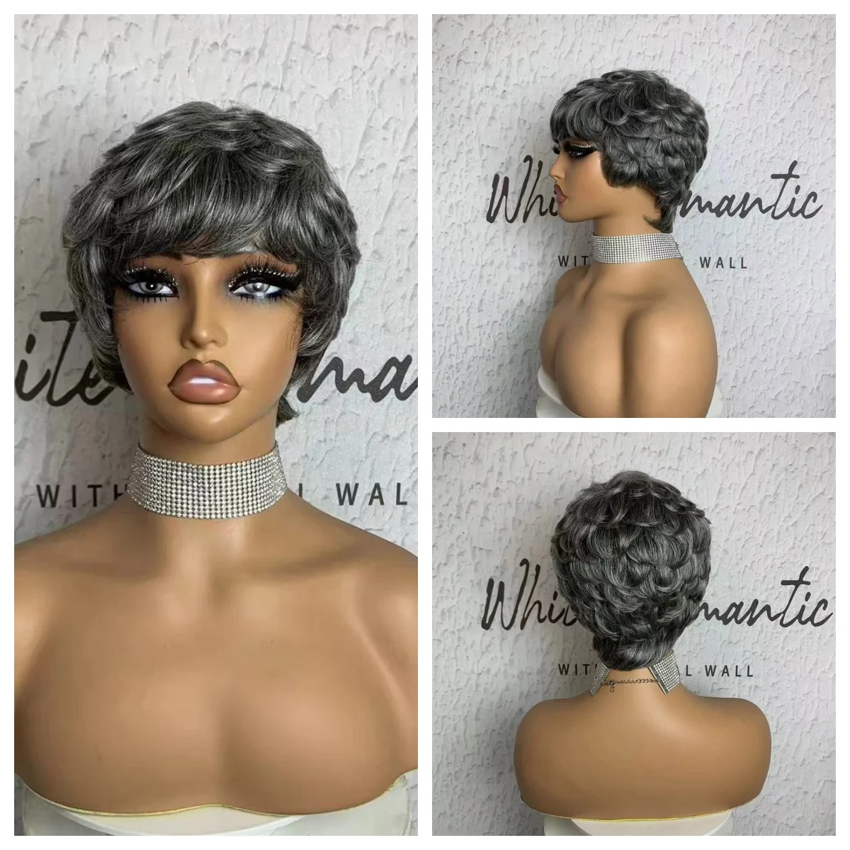 Sophies Pixie Cut Wig Curly Hair Wigs Full Machine Made Wigs With Bangs Human Hair Wigs Grey Color Wig 180% Density Brazilian