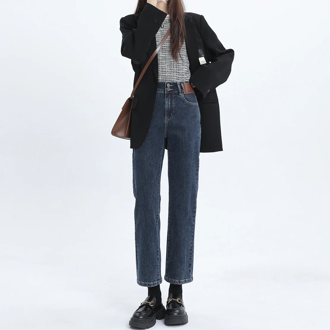 

High Waist Straight Leg Stretchy Jeans Women's Fashionable Versatile Slimming High Waist Elastic Black Denim Jeans